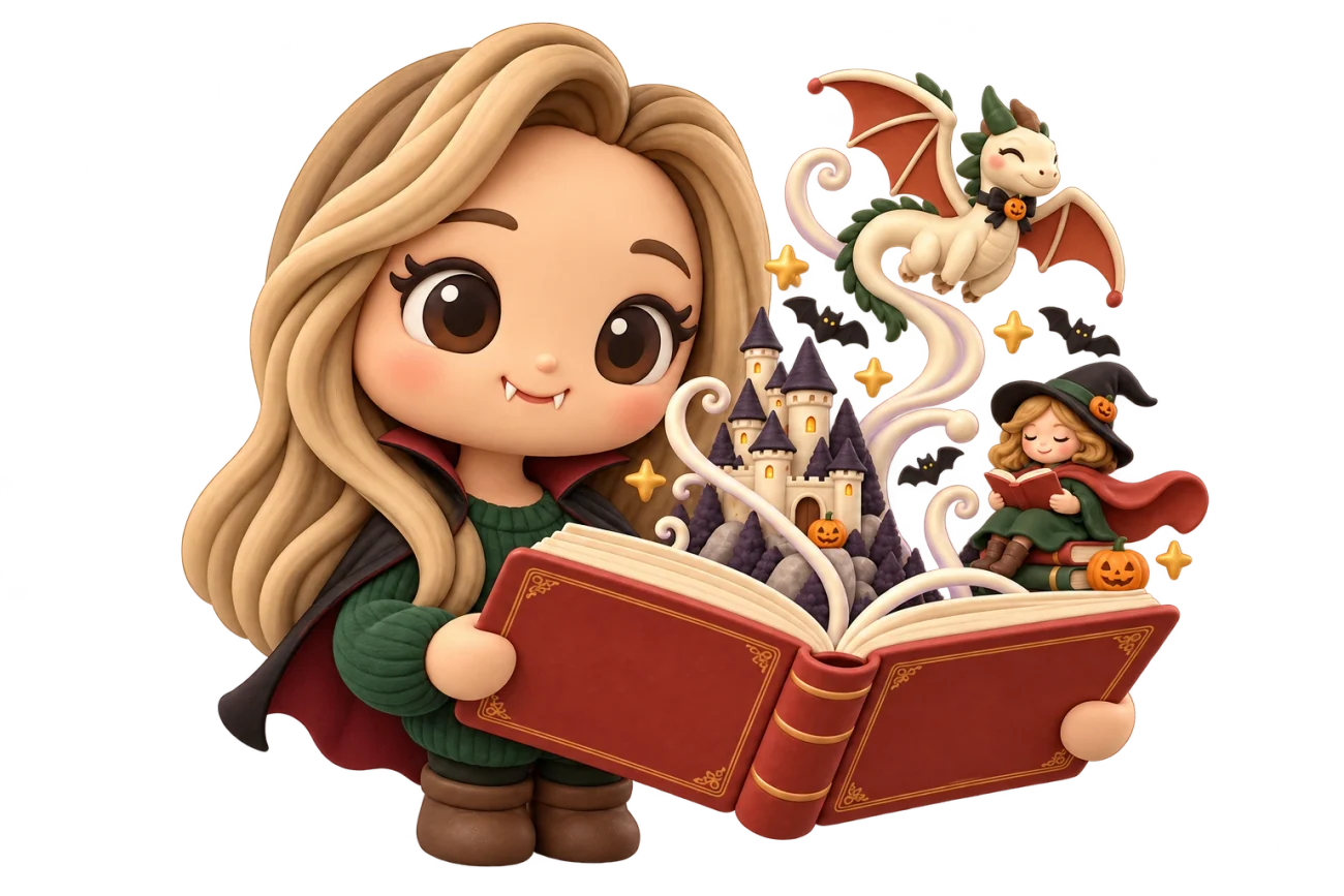 Illustration chibi de Kyaris ouvrant un livre d’où émergent un petit dragon, un château et une lectrice