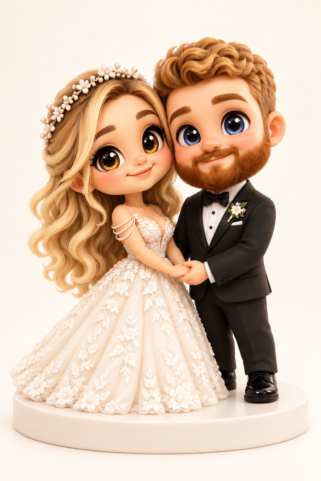 Chibi-Paarentwurf mit großen ausdrucksstarken Augen, offenem Haar und Blumenkleid