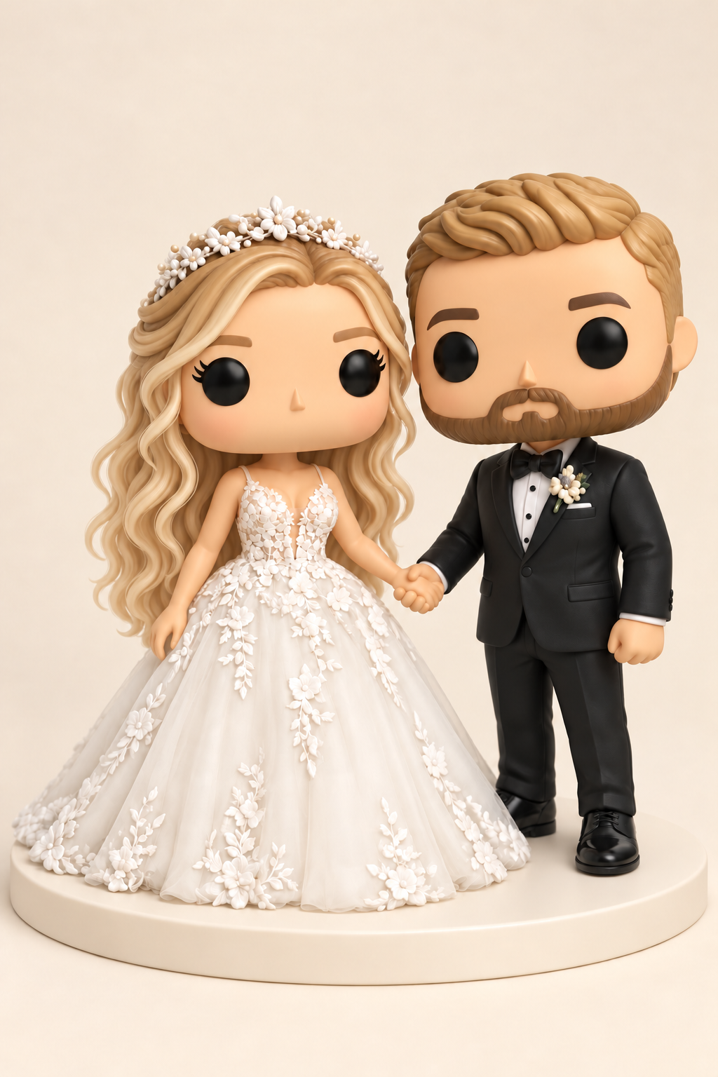 Paarentwurf im Funko-Stil mit offenem Haar, Blumenkleid und blondem Bräutigam